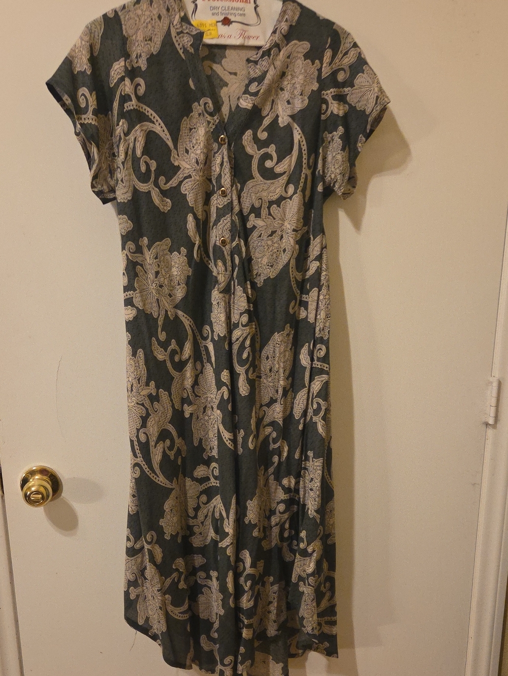 Paisley-Print Button-Front Midi Dress in Dark Green and Cream